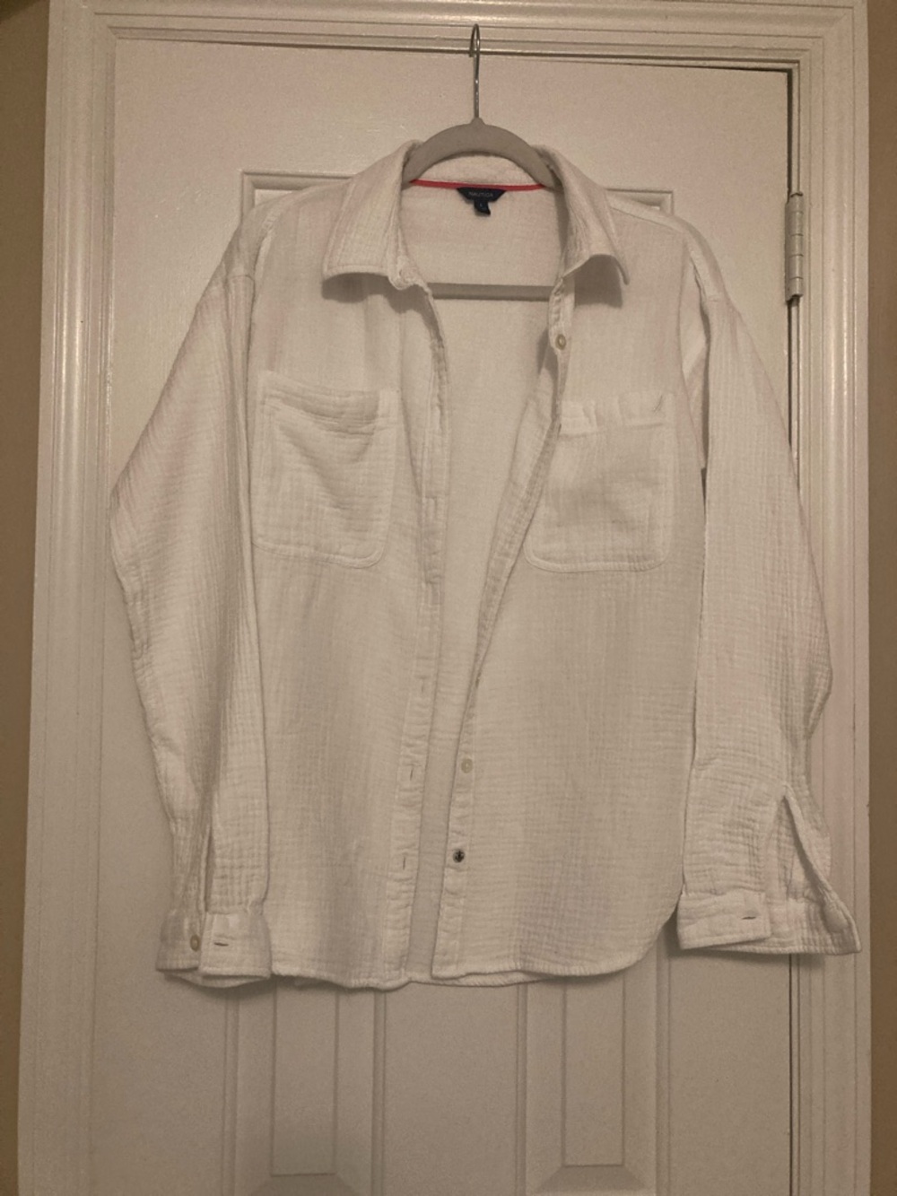 Nautica White Button-Down Textured gauzy Cotton Shirt
